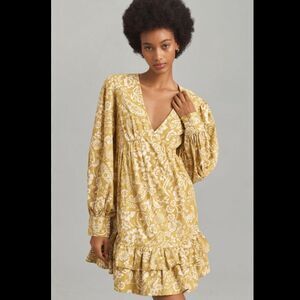 Anthropologie Maeve Long-Sleeve V-Neck Ruffle Mini Dress